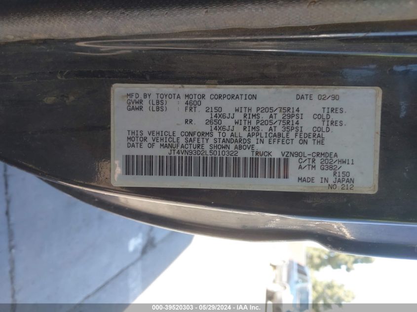 1990 Toyota Pickup 1/2 Ton Ex Lng Whlbse Dlx VIN: JT4VN93D2L5010322 Lot: 39520303