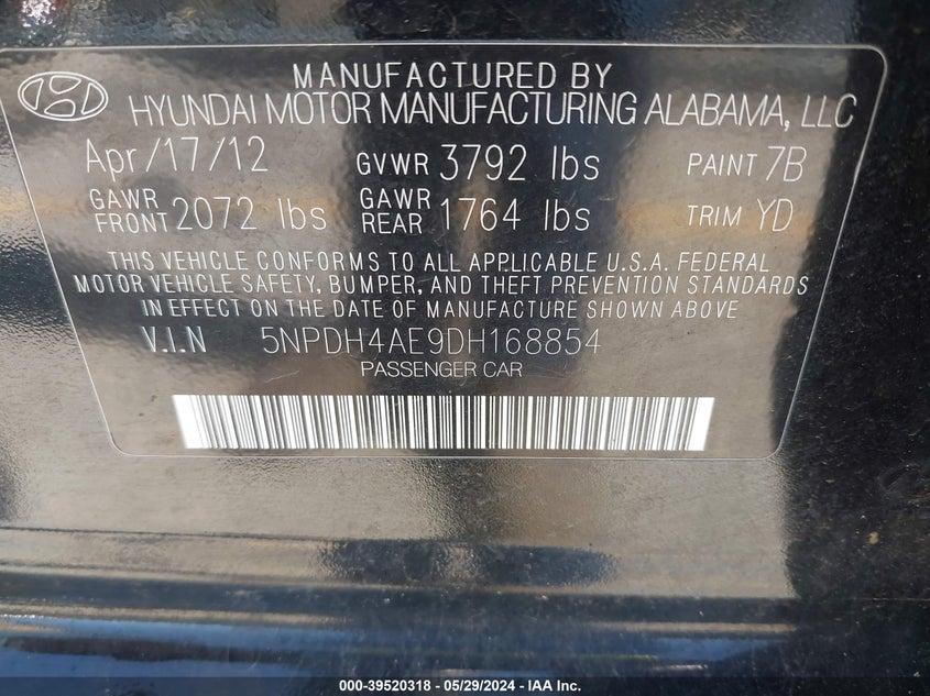 2013 Hyundai Elantra Limited VIN: 5NPDH4AE9DH168854 Lot: 39520318