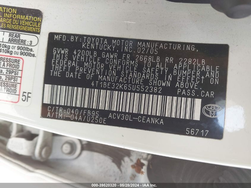 2005 Toyota Camry Le VIN: 4T1BE32K65U552382 Lot: 39520320