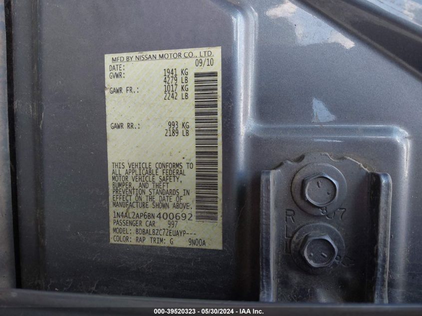 2011 Nissan Altima 2.5 S VIN: 1N4AL2AP6BN400692 Lot: 39520323