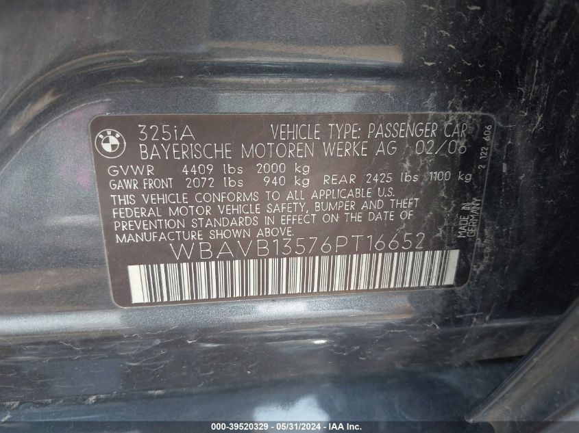 2006 BMW 325I VIN: WBAVB13576PT16652 Lot: 39520329