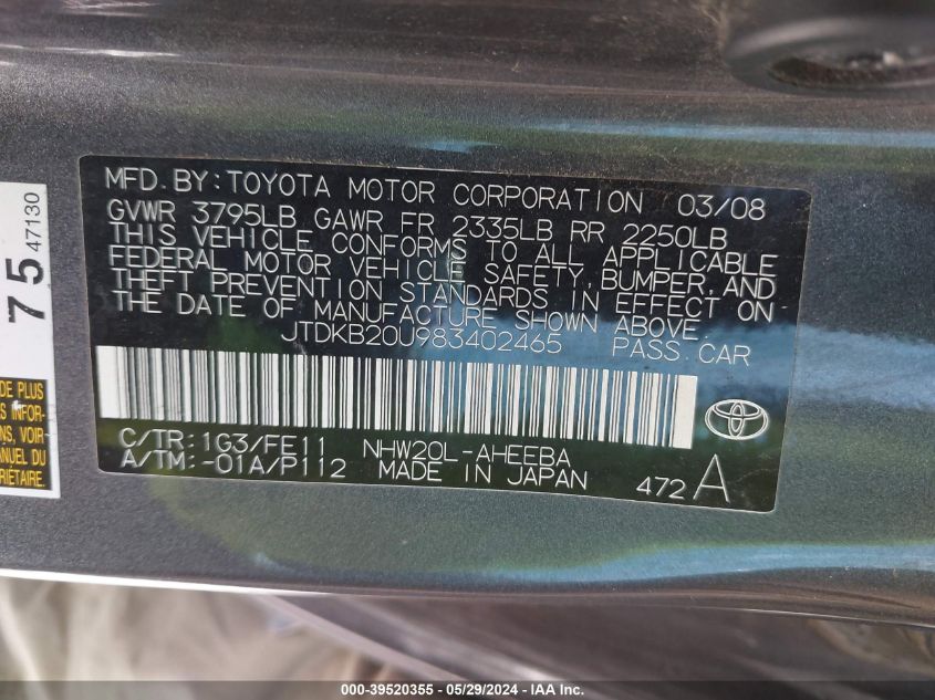 2008 Toyota Prius VIN: JTDKB20U983402465 Lot: 39520355