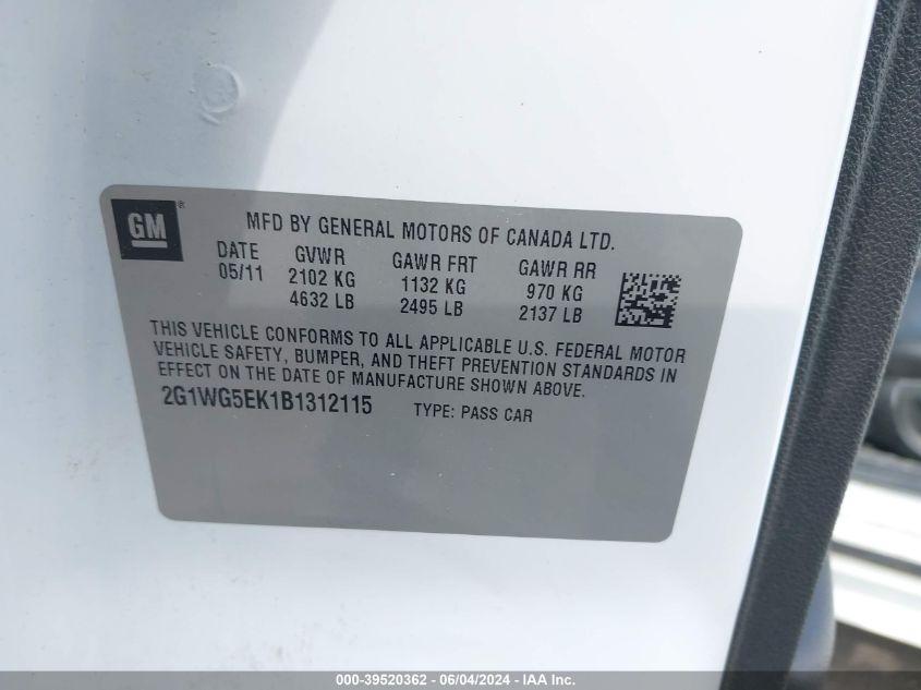2011 Chevrolet Impala Lt VIN: 2G1WG5EK1B1312115 Lot: 39520362