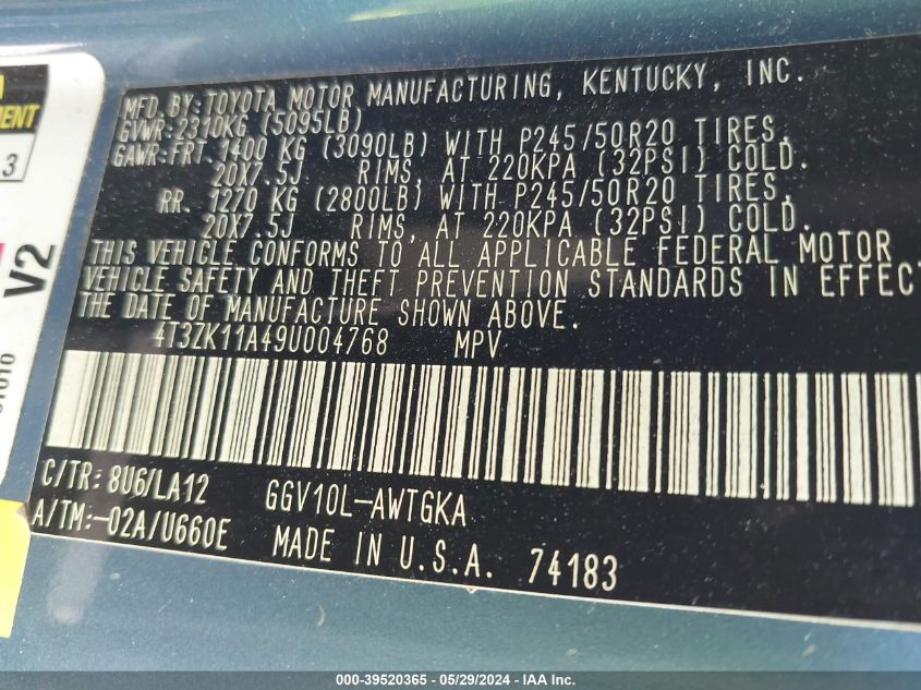 2009 Toyota Venza Base V6 VIN: 4T3ZK11A49U004768 Lot: 39520365