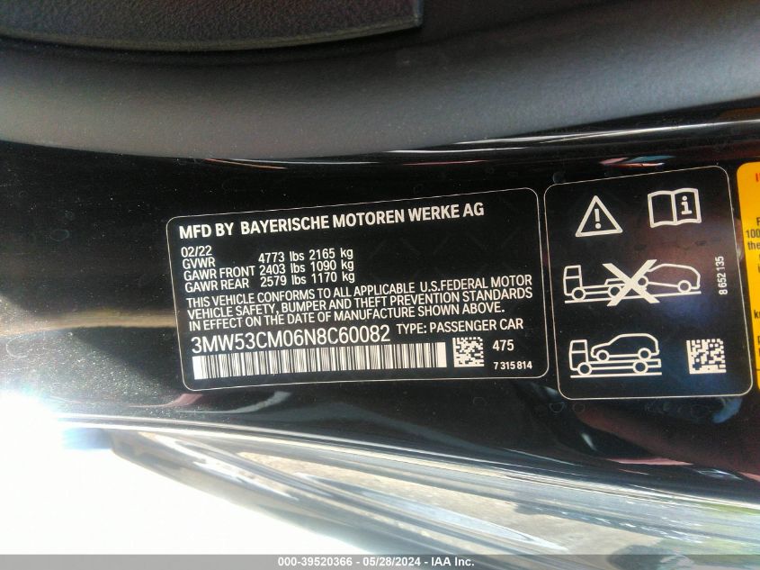 2022 BMW M240 I xDrive VIN: 3MW53CM06N8C60082 Lot: 39520366