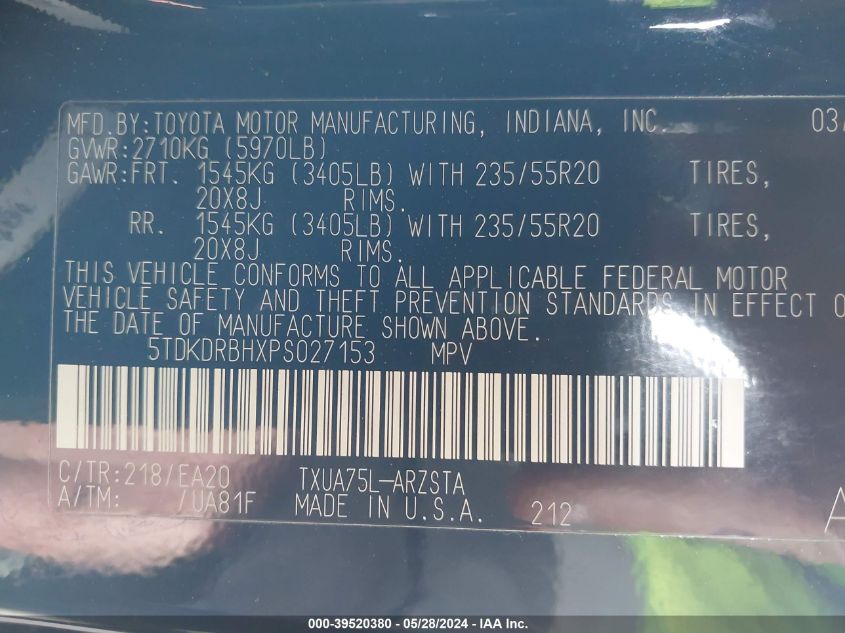 2023 Toyota Highlander Xse VIN: 5TDKDRBHXPS027153 Lot: 39520380