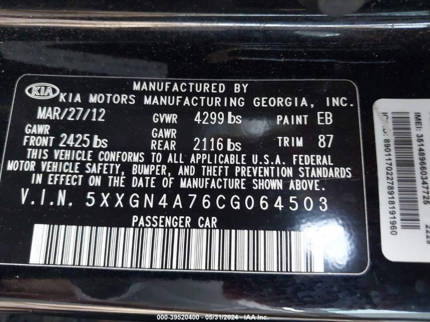 2012 Kia Optima Ex VIN: 5XXGN4A76CG064503 Lot: 39520400