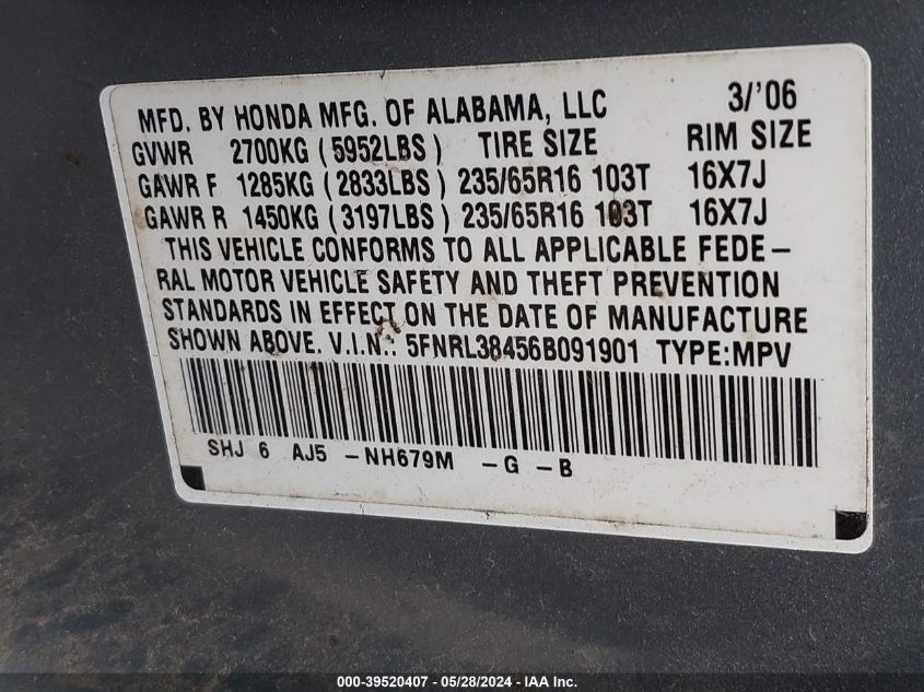 2006 Honda Odyssey Ex VIN: 5FNRL38456B091901 Lot: 39520407