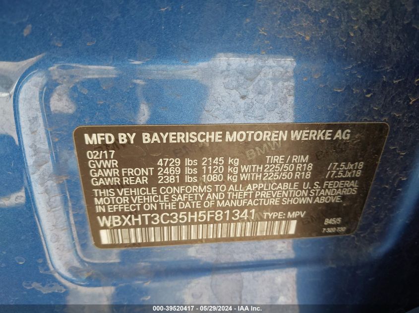 2017 BMW X1 xDrive28I VIN: WBXHT3C35H5F81341 Lot: 39520417