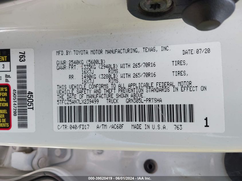 2020 Toyota Tacoma Trd Off-Road VIN: 5TFCZ5AN7LX239499 Lot: 39520419