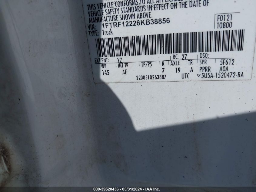 2006 Ford F-150 Stx/Xl/Xlt VIN: 1FTRF12226KB38856 Lot: 39520436