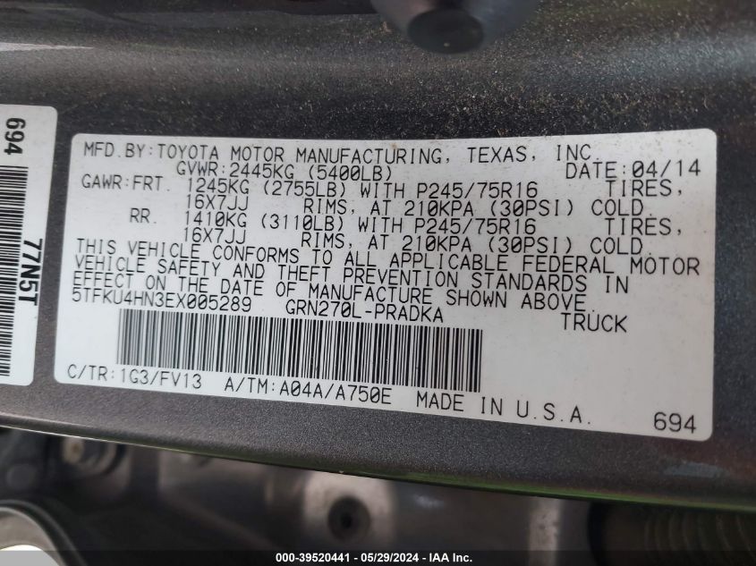 2014 Toyota Tacoma Prerunner V6 VIN: 5TFKU4HN3EX005289 Lot: 39520441