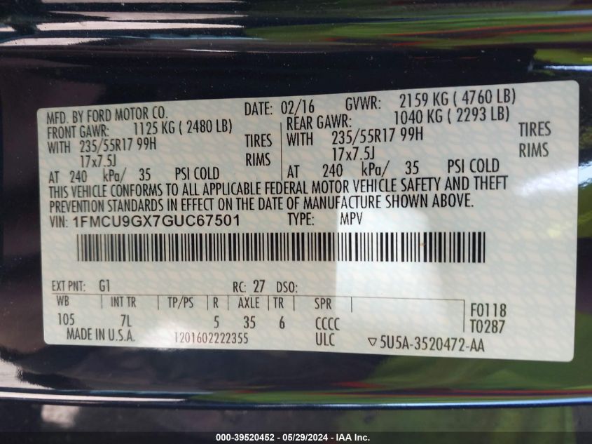 2016 Ford Escape Se VIN: 1FMCU9GX7GUC67501 Lot: 39520452