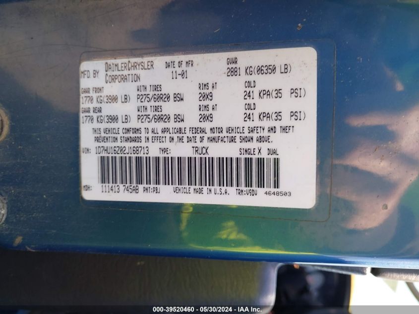 2002 Dodge Ram 1500 St VIN: 1D7HU16Z02J168713 Lot: 39520460