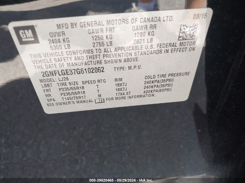 2GNFLGE37G6102062 2016 Chevrolet Equinox Ltz