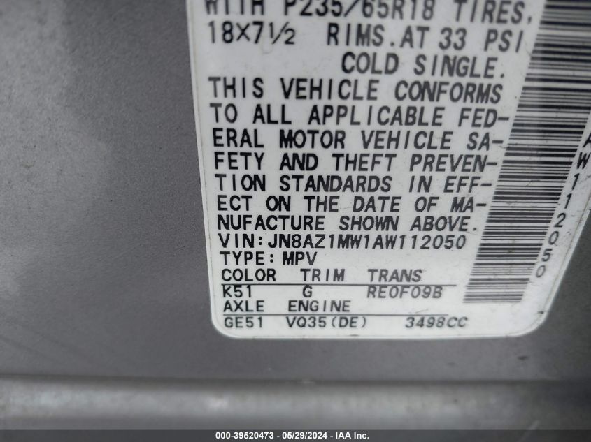 2010 Nissan Murano Sl VIN: JN8AZ1MW1AW112050 Lot: 39520473