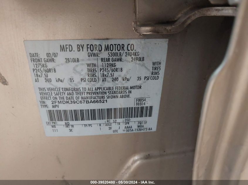 2007 Ford Edge Sel Plus VIN: 2FMDK39C67BA66521 Lot: 39520480