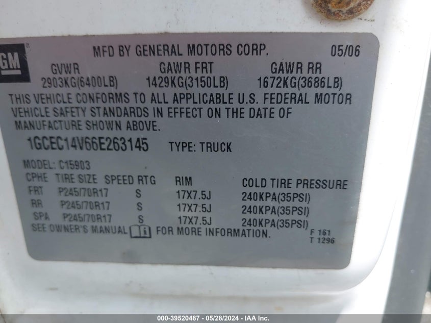 2006 Chevrolet Silverado 1500 Work Truck VIN: 1GCEC14V66E263145 Lot: 39520487