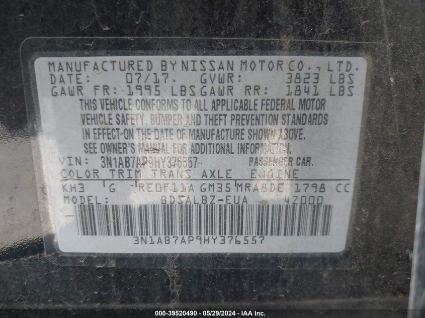 2017 Nissan Sentra S VIN: 3N1AB7AP9HY376557 Lot: 39520490