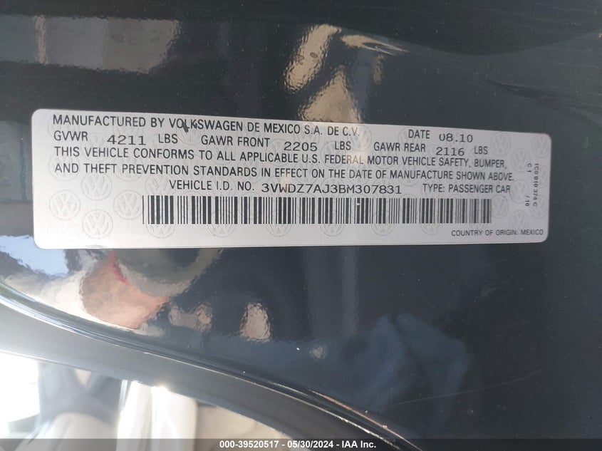 2011 Volkswagen Jetta 2.5L Se VIN: 3VWDZ7AJ3BM307831 Lot: 39520517