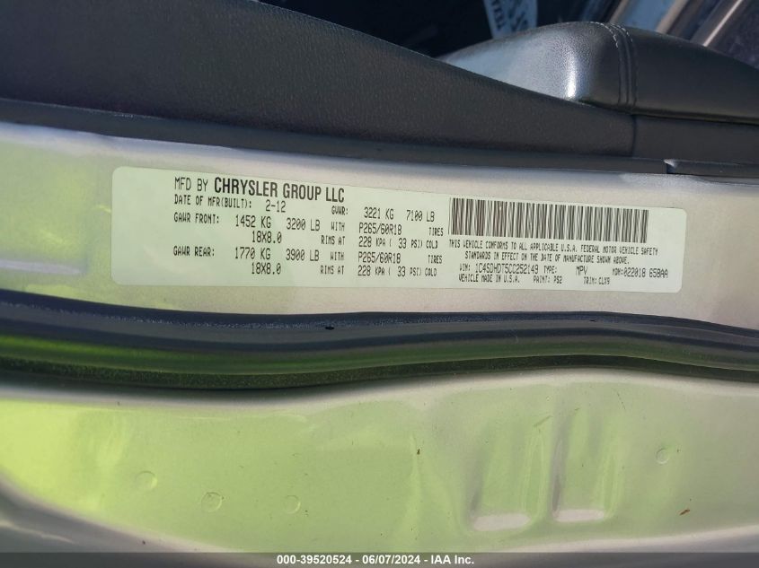 2012 Dodge Durango Crew VIN: 1C4SDHDT5CC252149 Lot: 39520524