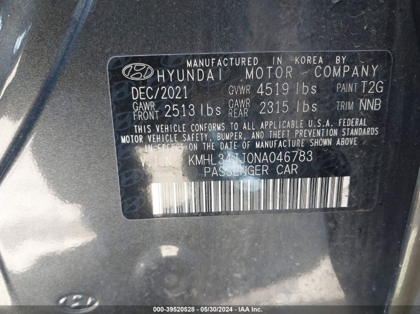 2022 Hyundai Sonata Hybrid Sel VIN: KMHL34JJ0NA046783 Lot: 39520528