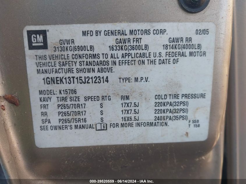 2005 Chevrolet Tahoe Lt VIN: 1GNEK13T15J212314 Lot: 39520559