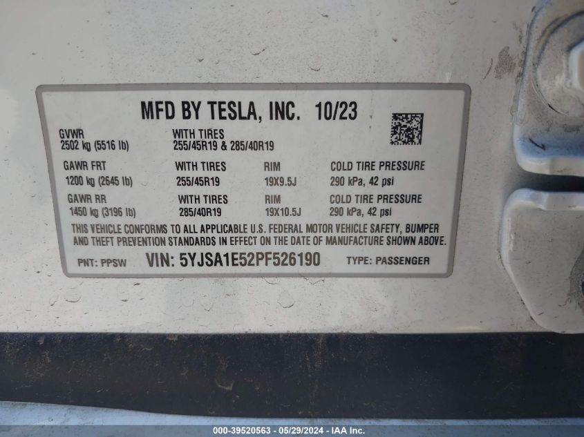 2023 Tesla Model S Dual Motor All-Wheel Drive/Standard Range VIN: 5YJSA1E52PF526190 Lot: 39520563