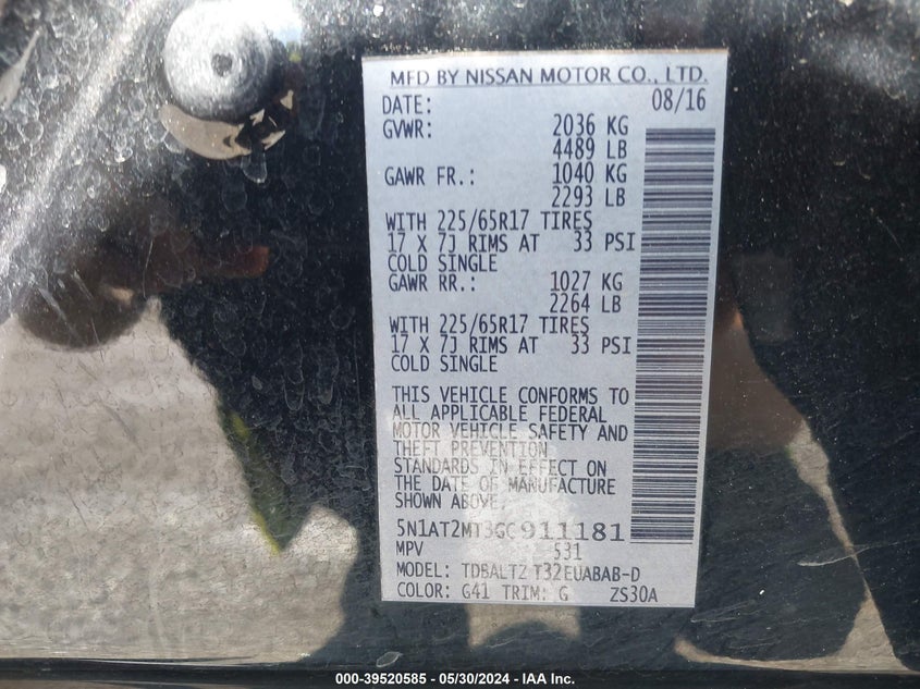 2016 Nissan Rogue Sv VIN: 5N1AT2MT3GC911181 Lot: 39520585