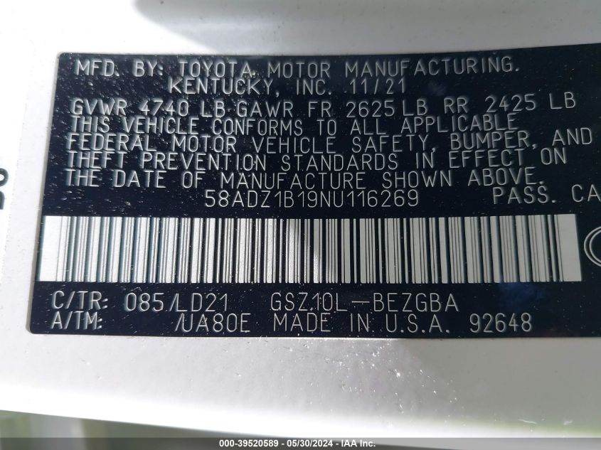 2022 Lexus Es 350 VIN: 58ADZ1B19NU116269 Lot: 39520589