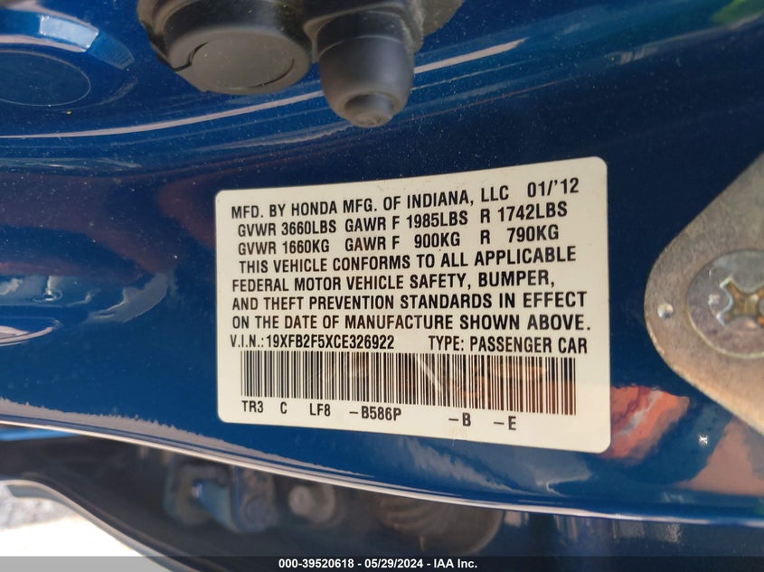 2012 Honda Civic Lx VIN: 19XFB2F5XCE326922 Lot: 39520618