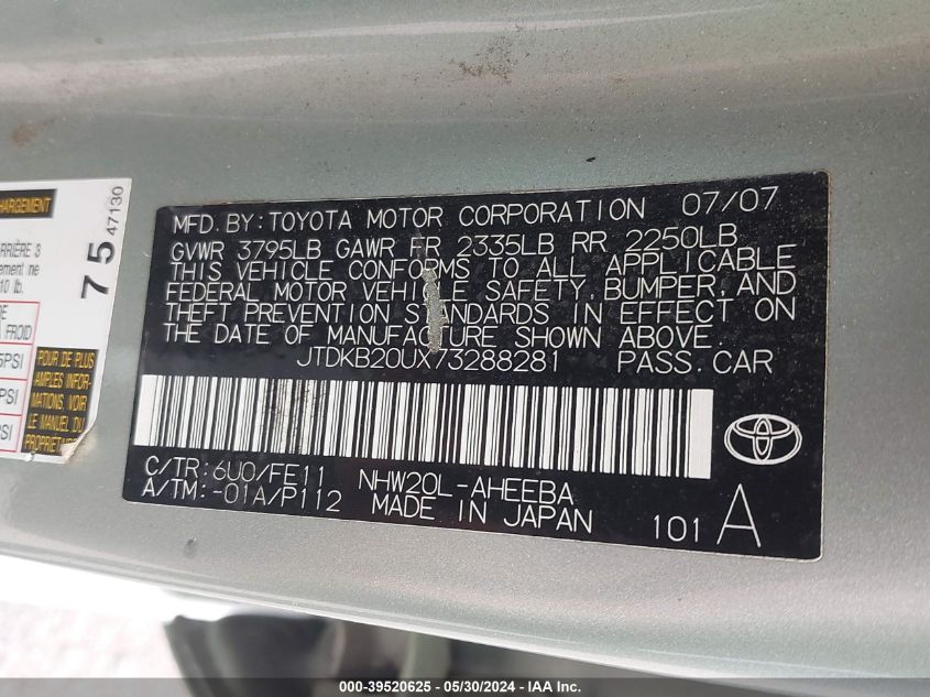 2007 Toyota Prius VIN: JTDKB20UX73288281 Lot: 39520625