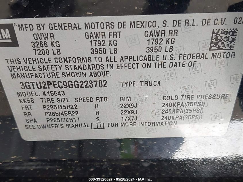 2016 GMC Sierra 1500 Denali VIN: 3GTU2PEC9GG223702 Lot: 39520627