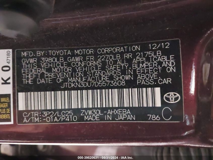 2013 Toyota Prius Three Se VIN: JTDKN3DU7D5573608 Lot: 39520631