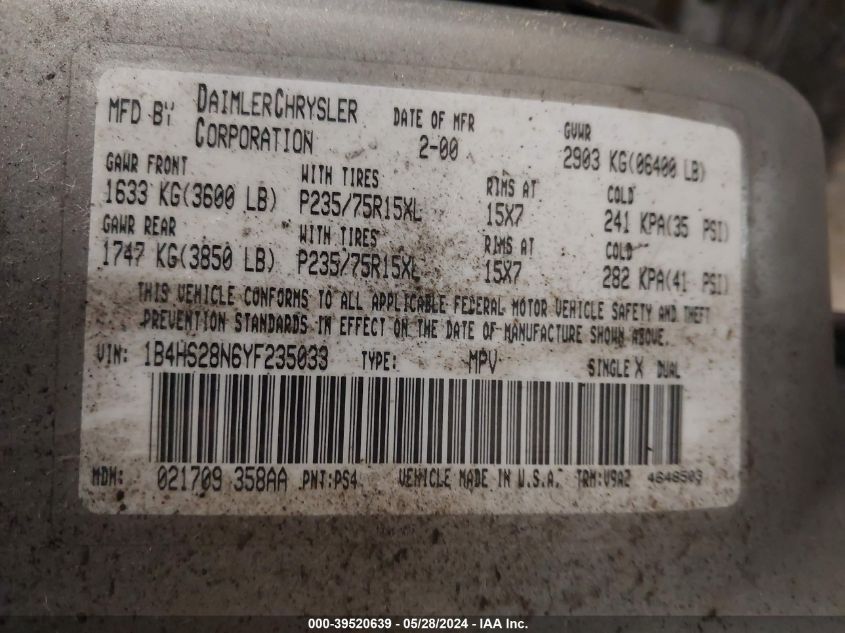 2000 Dodge Durango VIN: 1B4HS28N6YF235033 Lot: 39520639