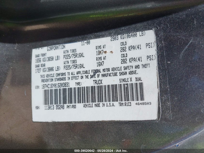 2001 Dodge Ram 1500 St VIN: 1B7HC16Y01S203831 Lot: 39520642