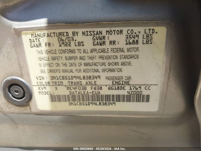 2004 Nissan Sentra 1.8S VIN: 3N1CB51D94L838349 Lot: 39520665