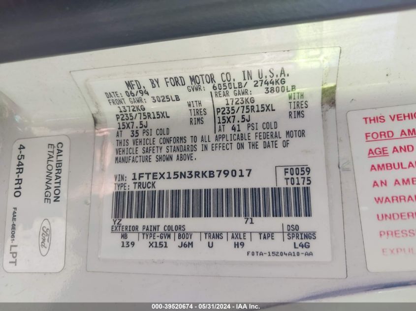 1994 Ford F150 VIN: 1FTEX15N3RKB79017 Lot: 39520674