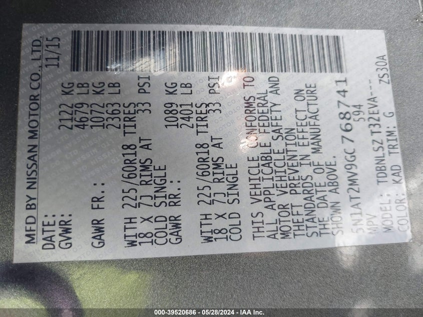 2016 Nissan Rogue Sl VIN: 5N1AT2MV9GC768741 Lot: 39520686