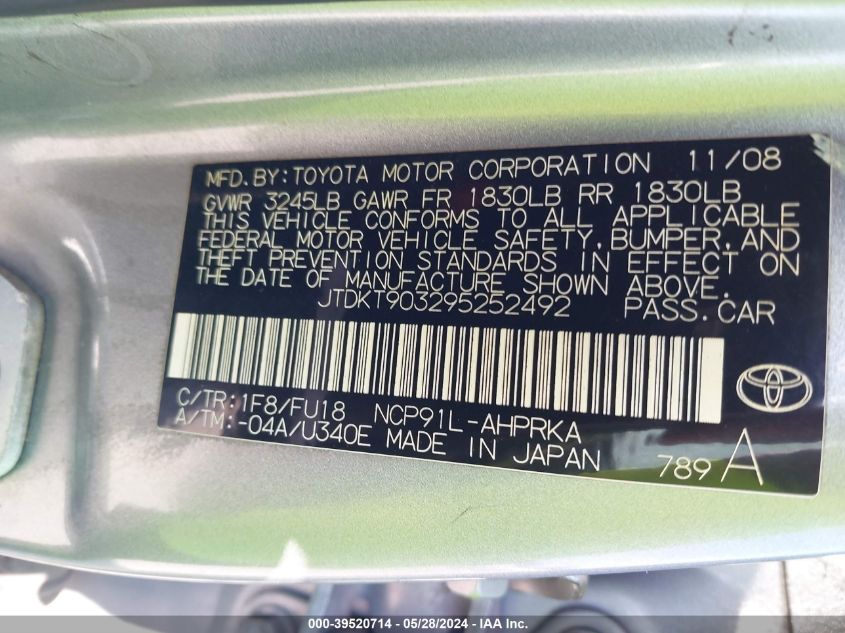 2009 Toyota Yaris VIN: JTDKT903295252492 Lot: 39520714