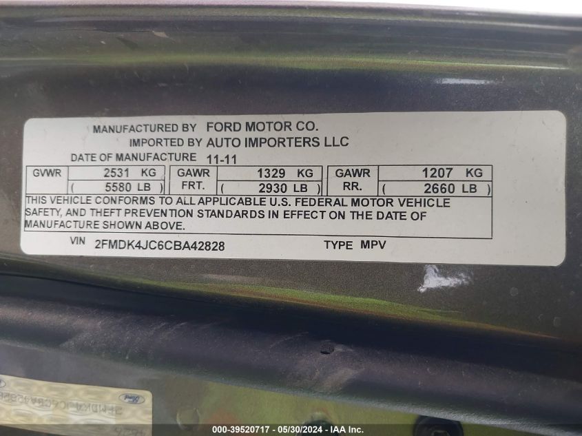 2012 Ford Edge Sel VIN: 2FMDK4JC6CBA42828 Lot: 39520717