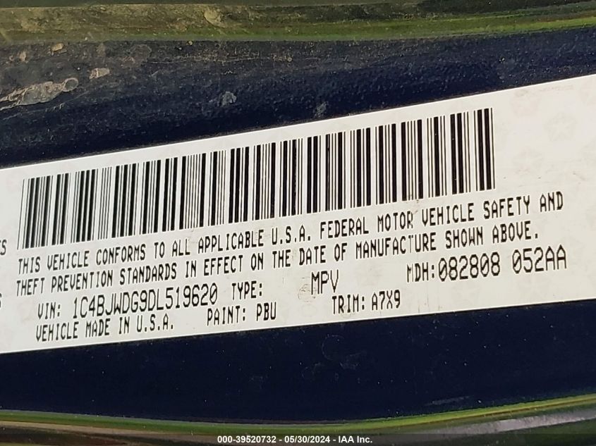 2013 Jeep Wrangler Unlimited Sport VIN: 1C4BJWDG9DL519620 Lot: 39520732