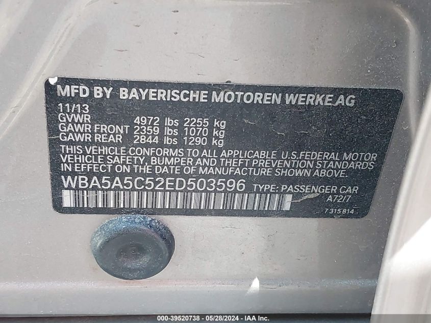 2014 BMW 528I VIN: WBA5A5C52ED503596 Lot: 39520738