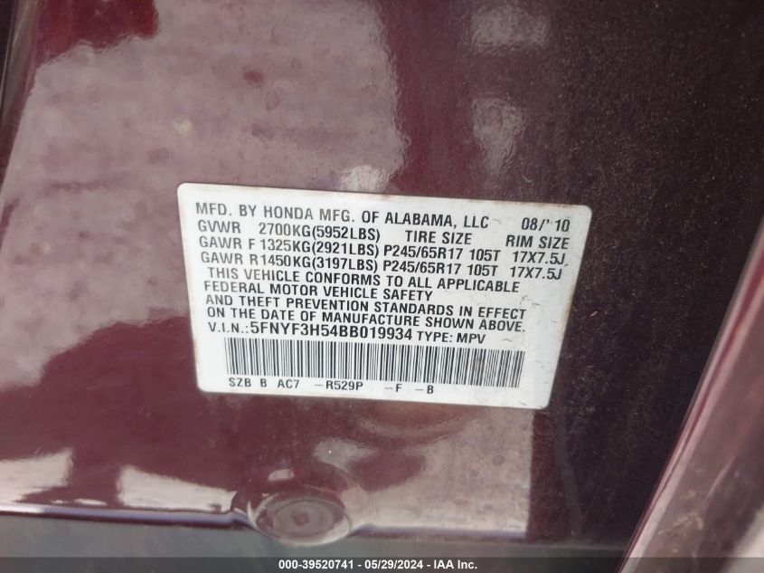 2011 Honda Pilot Ex-L VIN: 5FNYF3H54BB019934 Lot: 39520741
