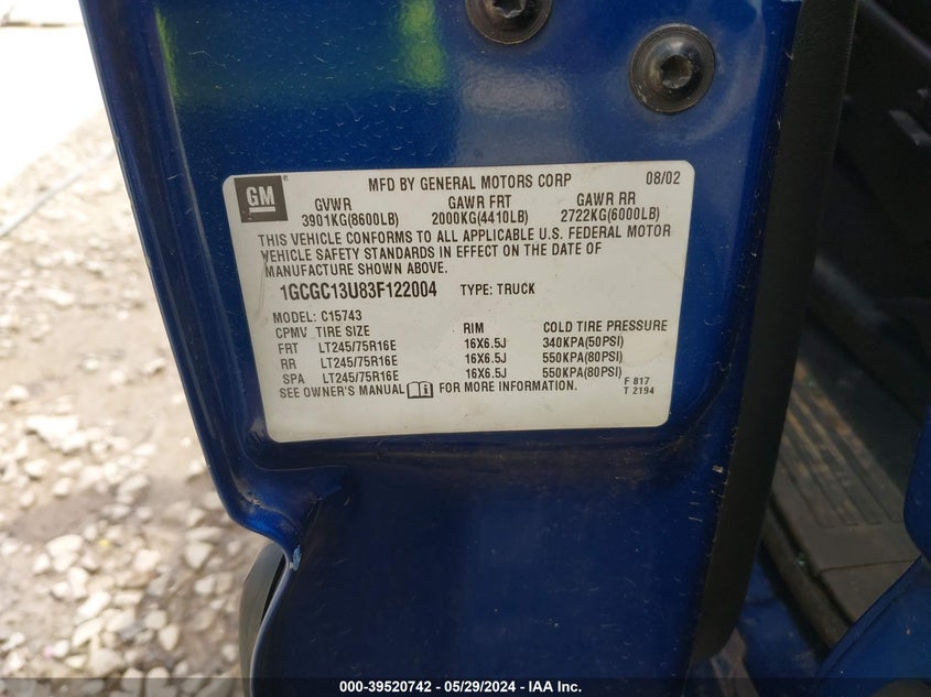 2003 Chevrolet Silverado 1500Hd Ls VIN: 1GCGC13U83F122004 Lot: 39520742