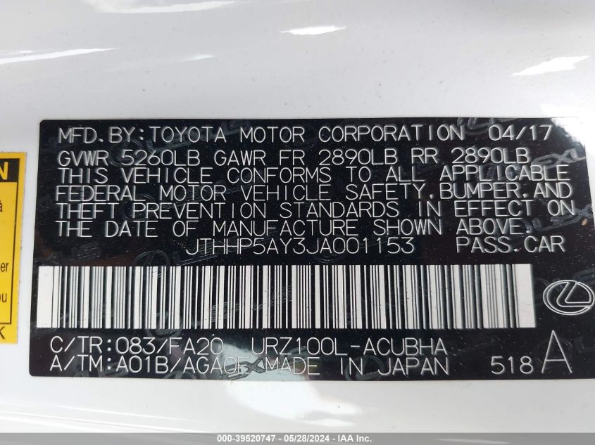 2018 Lexus Lc 500 VIN: JTHHP5AY3JA001153 Lot: 39520747