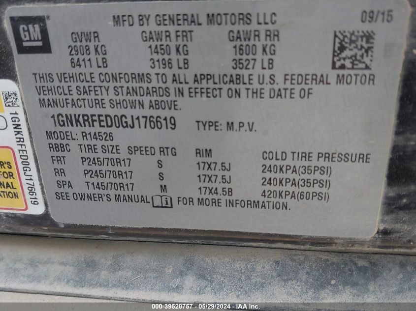 2016 Chevrolet Traverse Ls VIN: 1GNKRFED0GJ176619 Lot: 39520757
