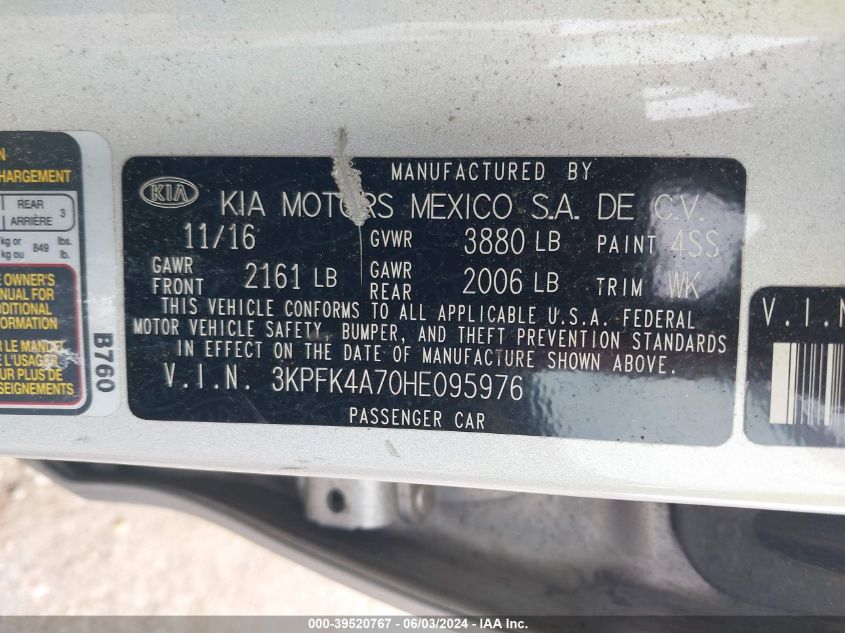 2017 Kia Forte Lx VIN: 3KPFK4A70HE095976 Lot: 39520767