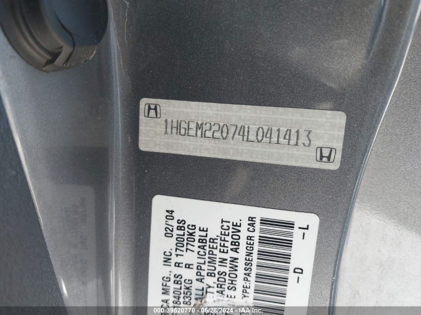 2004 Honda Civic Ex VIN: 1HGEM22074L041413 Lot: 39520770