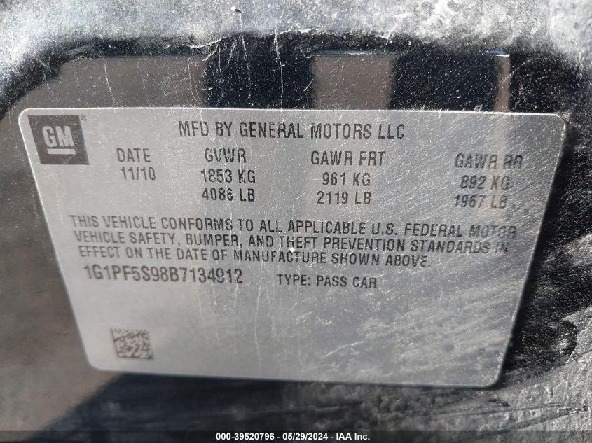 2011 Chevrolet Cruze 1Lt VIN: 1G1PF5S98B7134912 Lot: 39520796